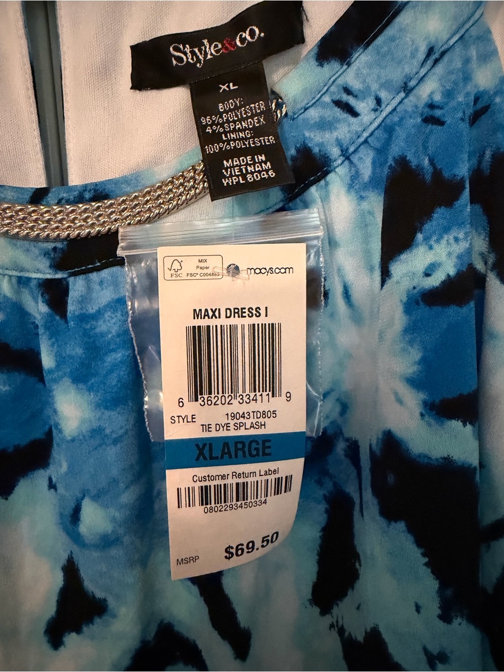 Style & Co. Tie Dye Splash Maxi Dress XL Blue Black Silver Neckline NWT - Picture 5 of 5